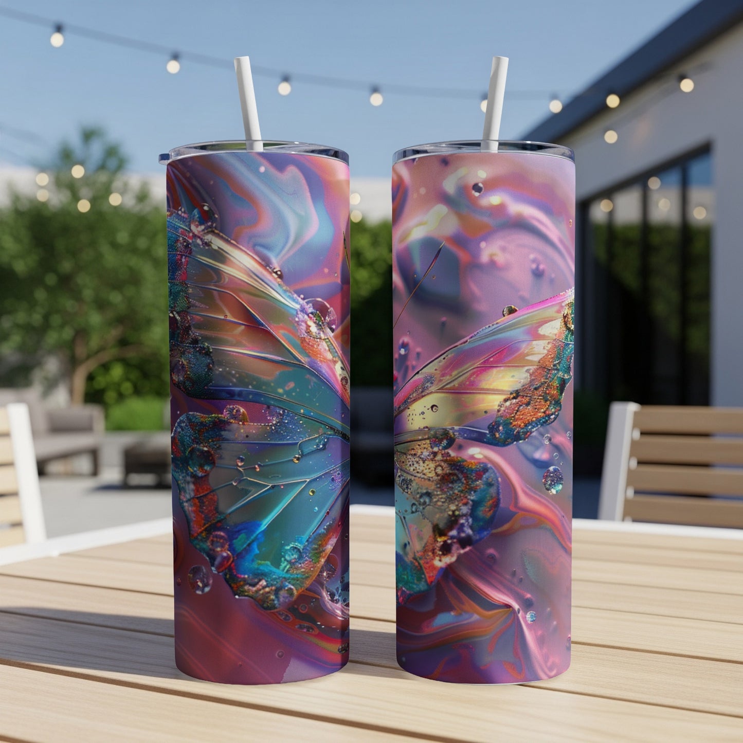 Two iridescent butterfly tumblers with straws on a wooden table outdoors.