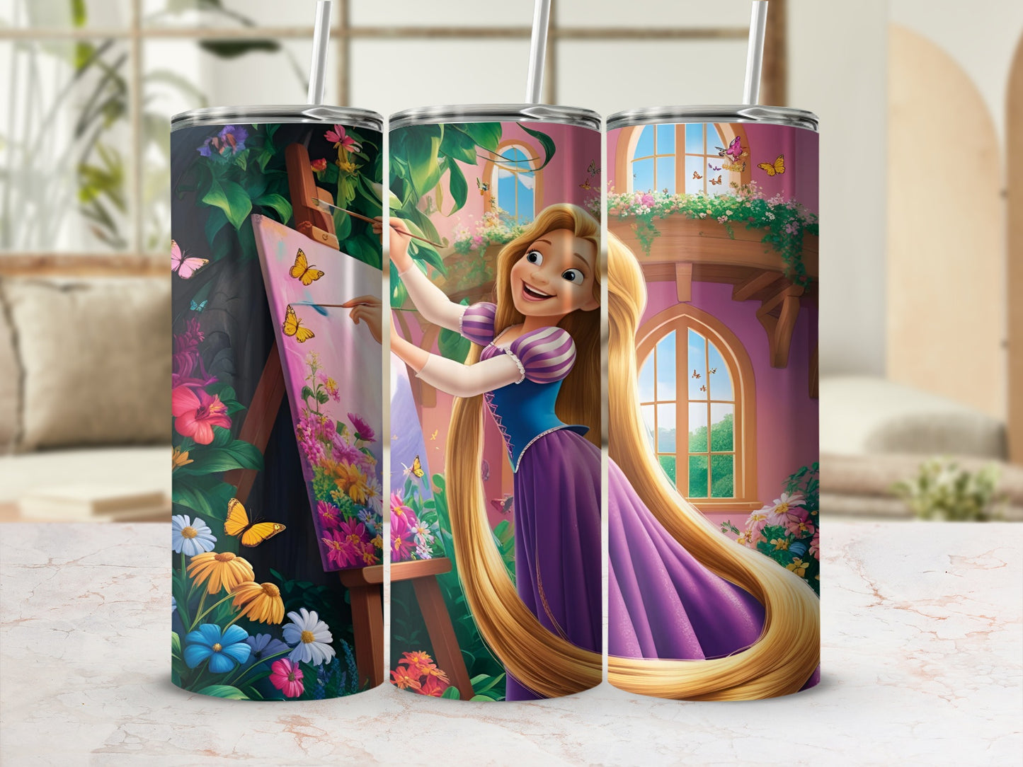 Rapunzel painting outdoors with flowers and butterflies, pink castle background.