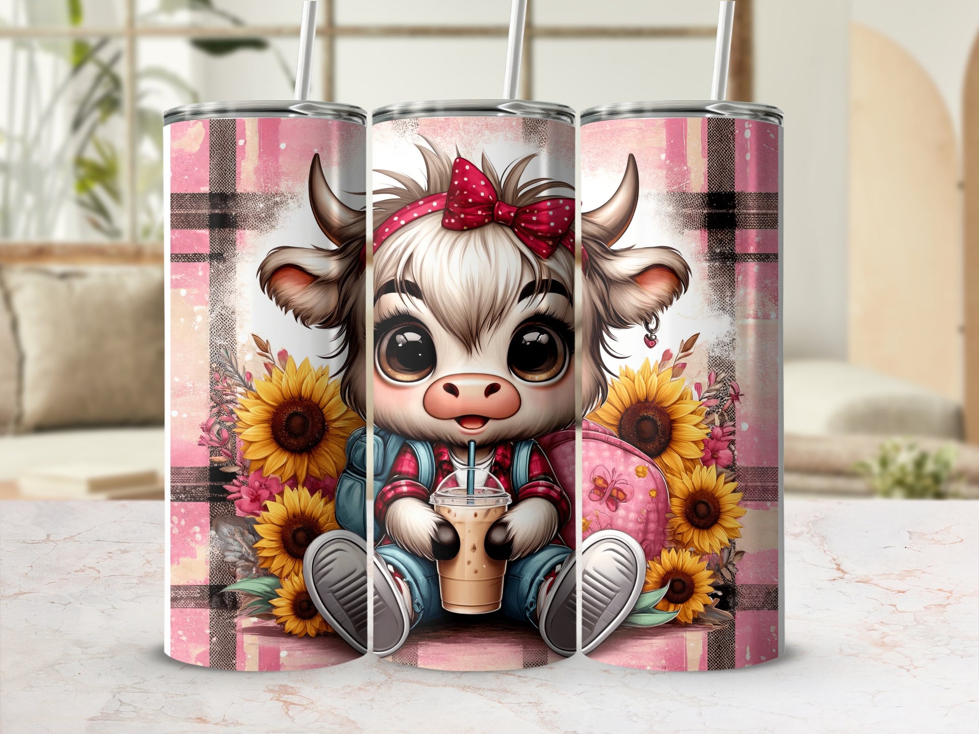 Cute baby cow with sunflower bouquet and iced coffee.