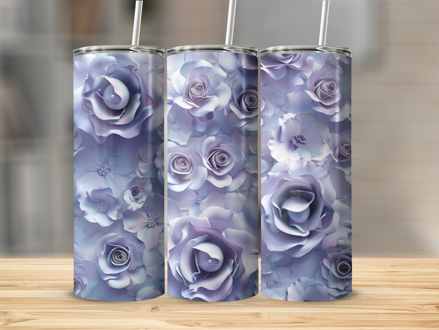 Three tumblers with a close-up lavender rose floral pattern.