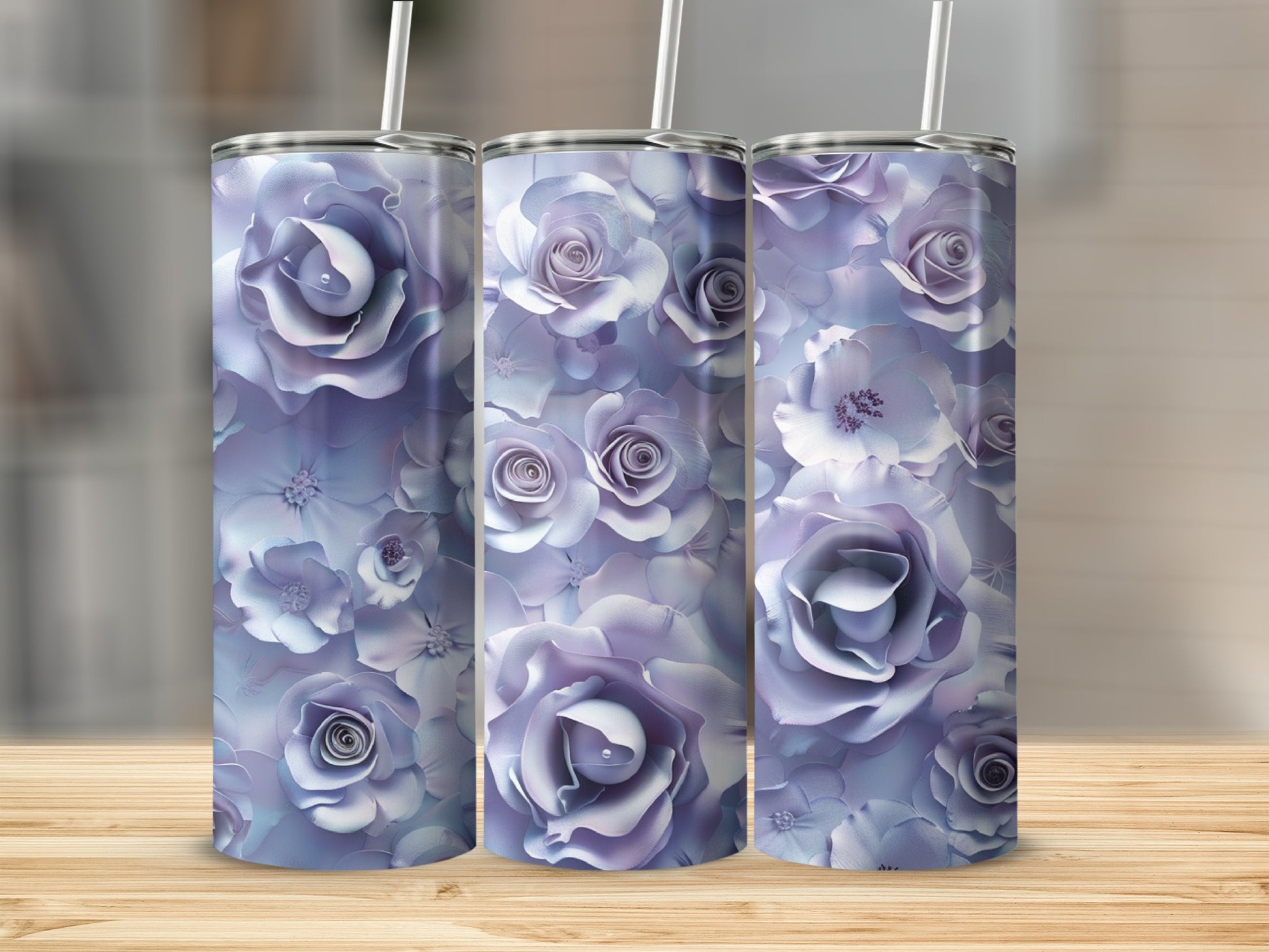 Three tumblers with a close-up lavender rose floral pattern.