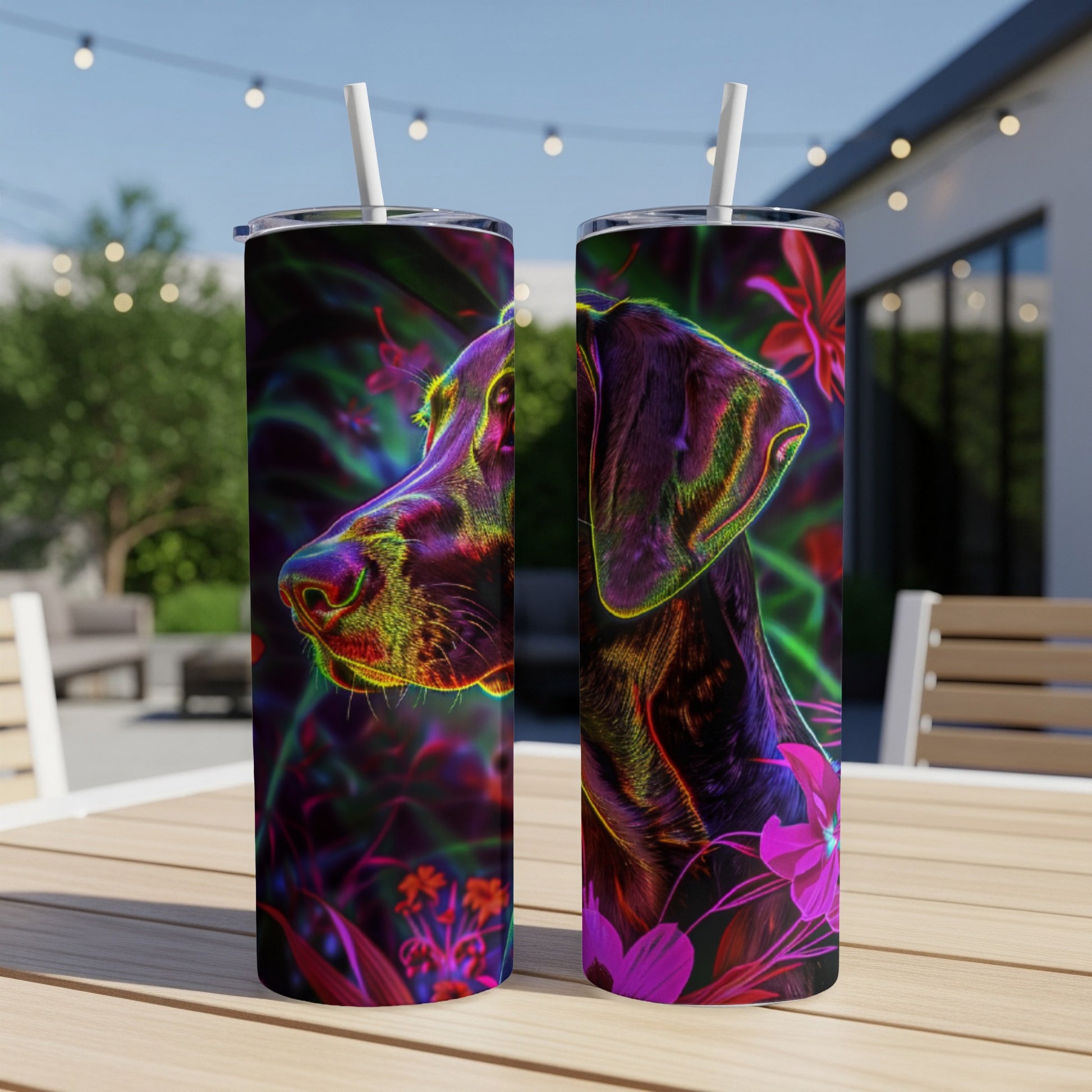 Two tumblers with a neon dog portrait on a dark, floral background.