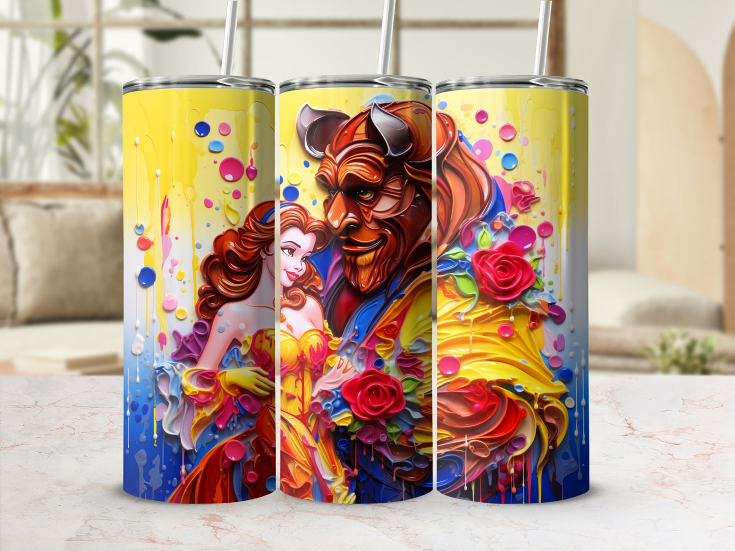 Beauty and Beast Colorful Art Tumbler with Straw