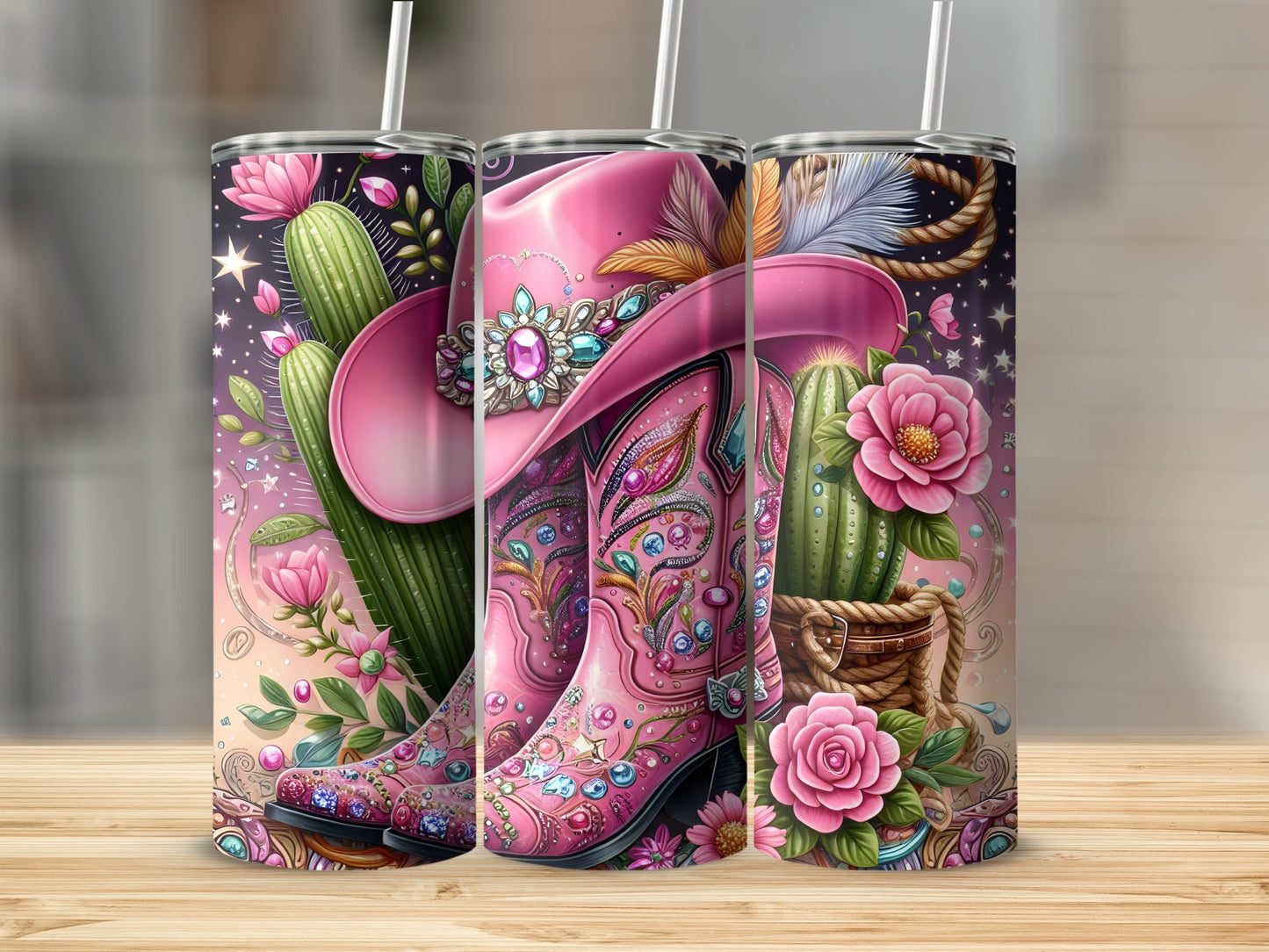Pink cowboy boots and cacti on a tumbler with straw.