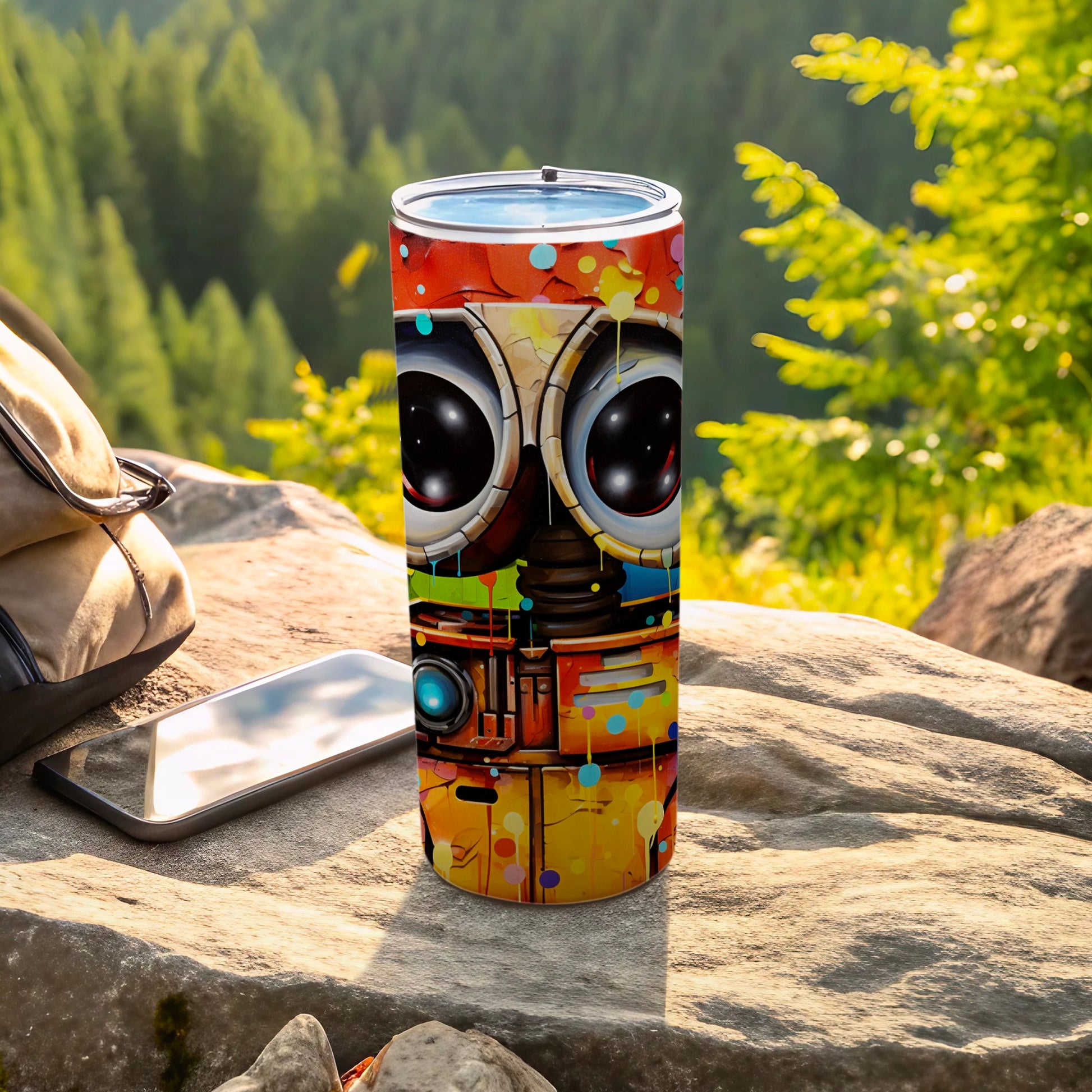 Bright and Colorful Robot Design Travel Tumbler
