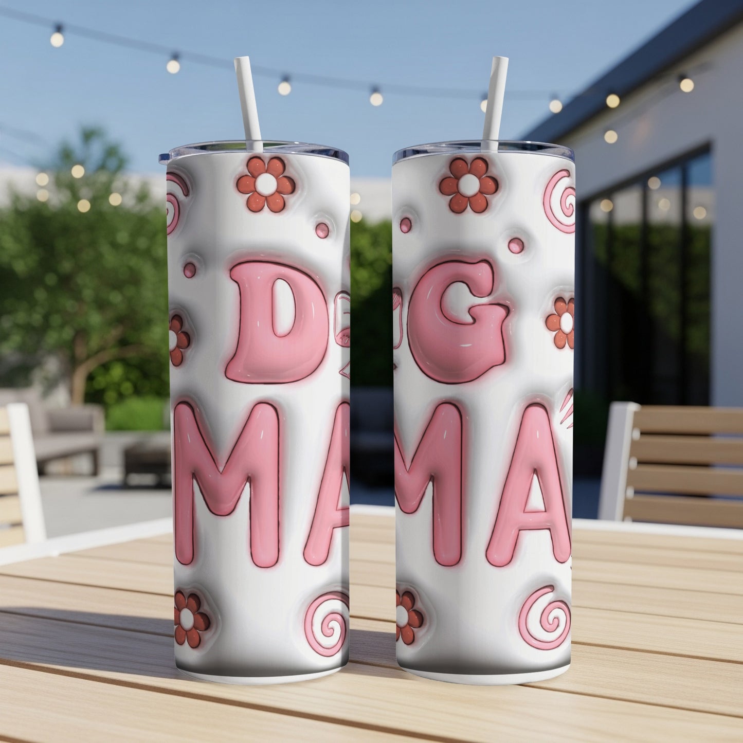Pink "Dog Mama" text on white tumblers with floral designs.