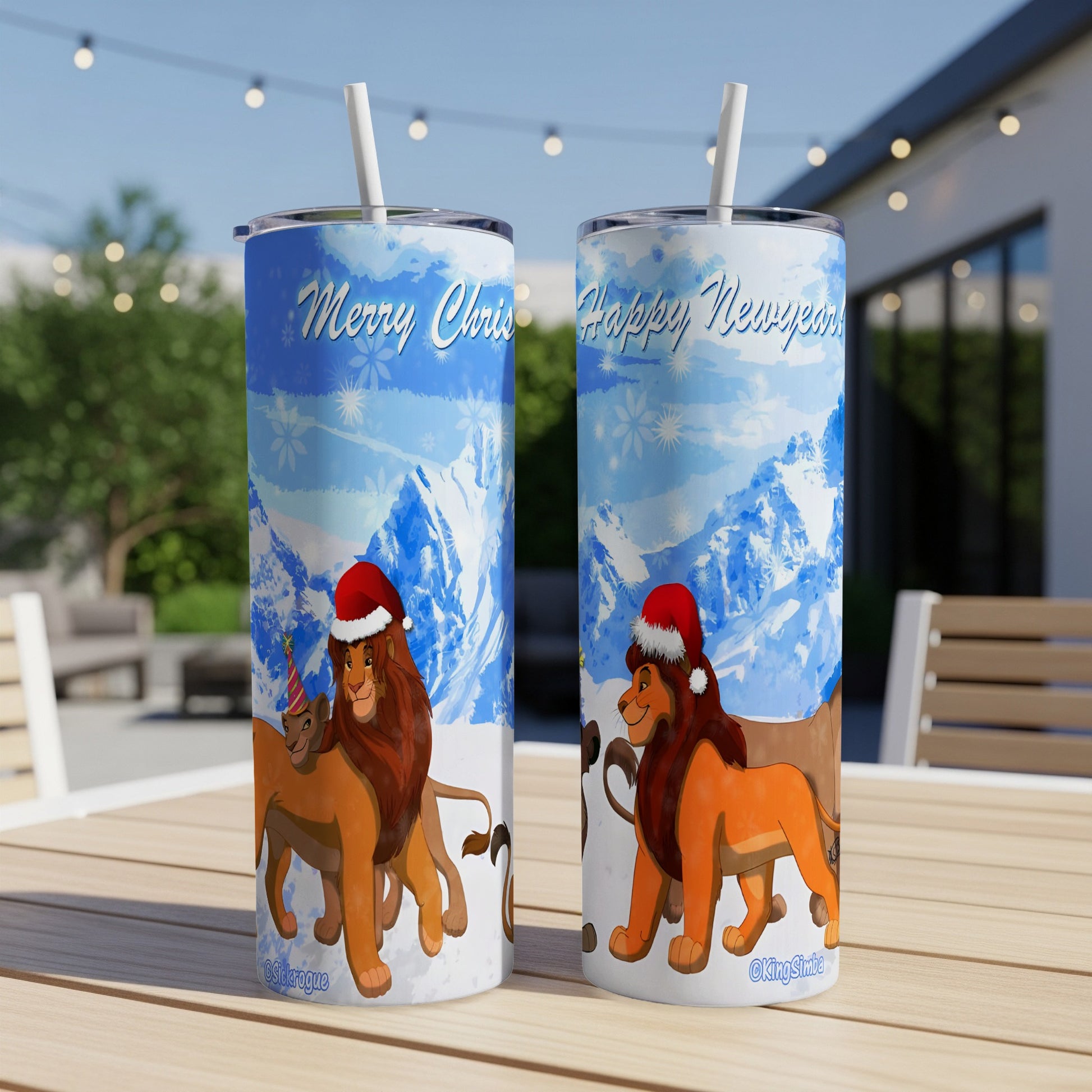 Two tumblers with lions in Santa hats and "Merry Christmas Happy Newyear" text.