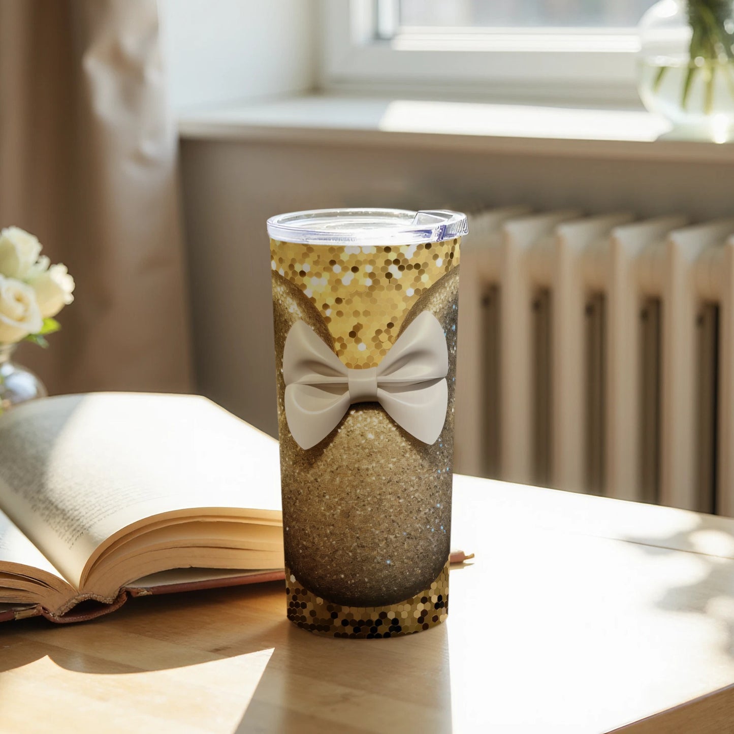 Elegant Glitter Bow Design Insulated Tumbler