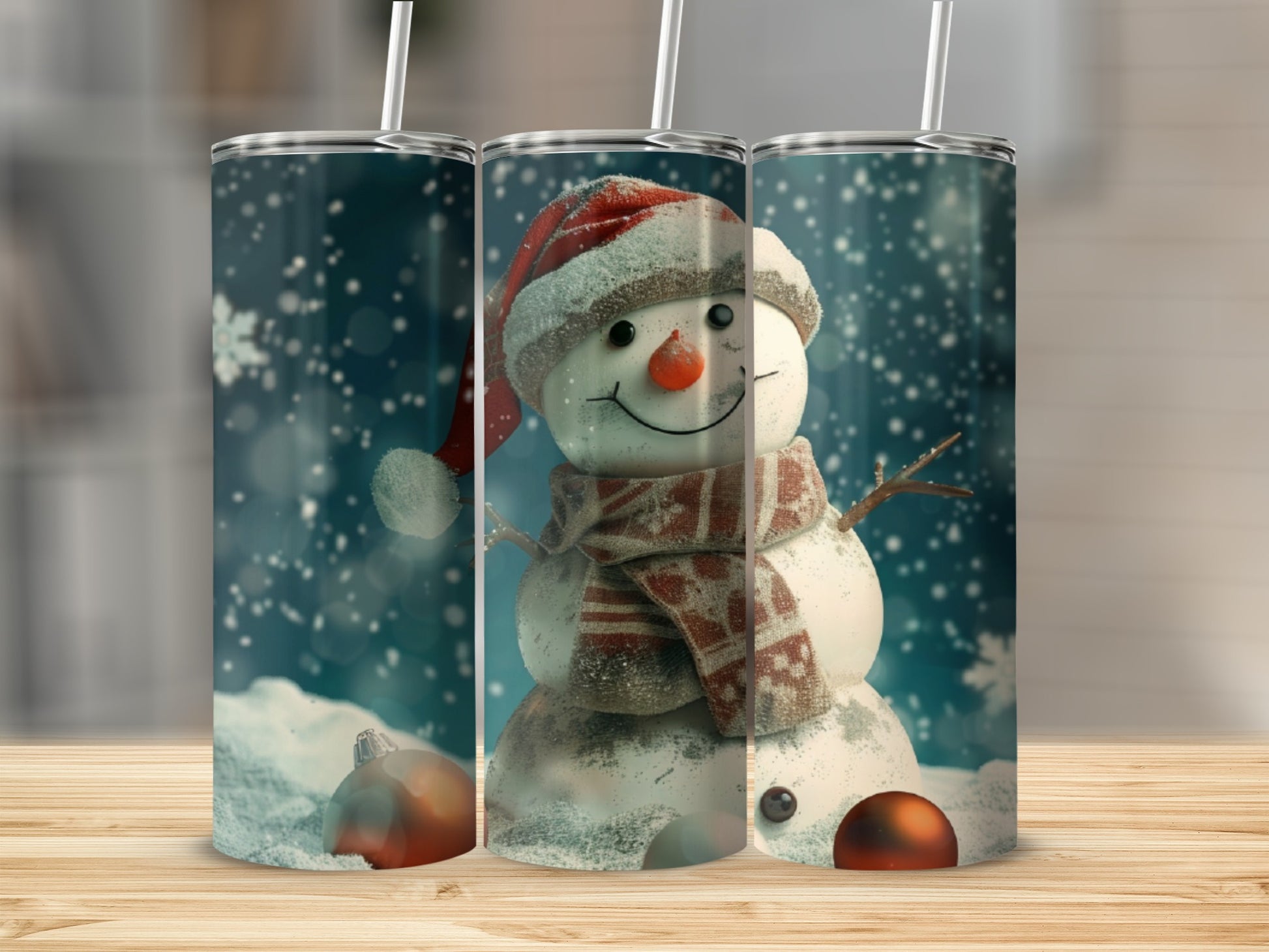 Three snowmen in Santa hats and scarves on a wooden surface.