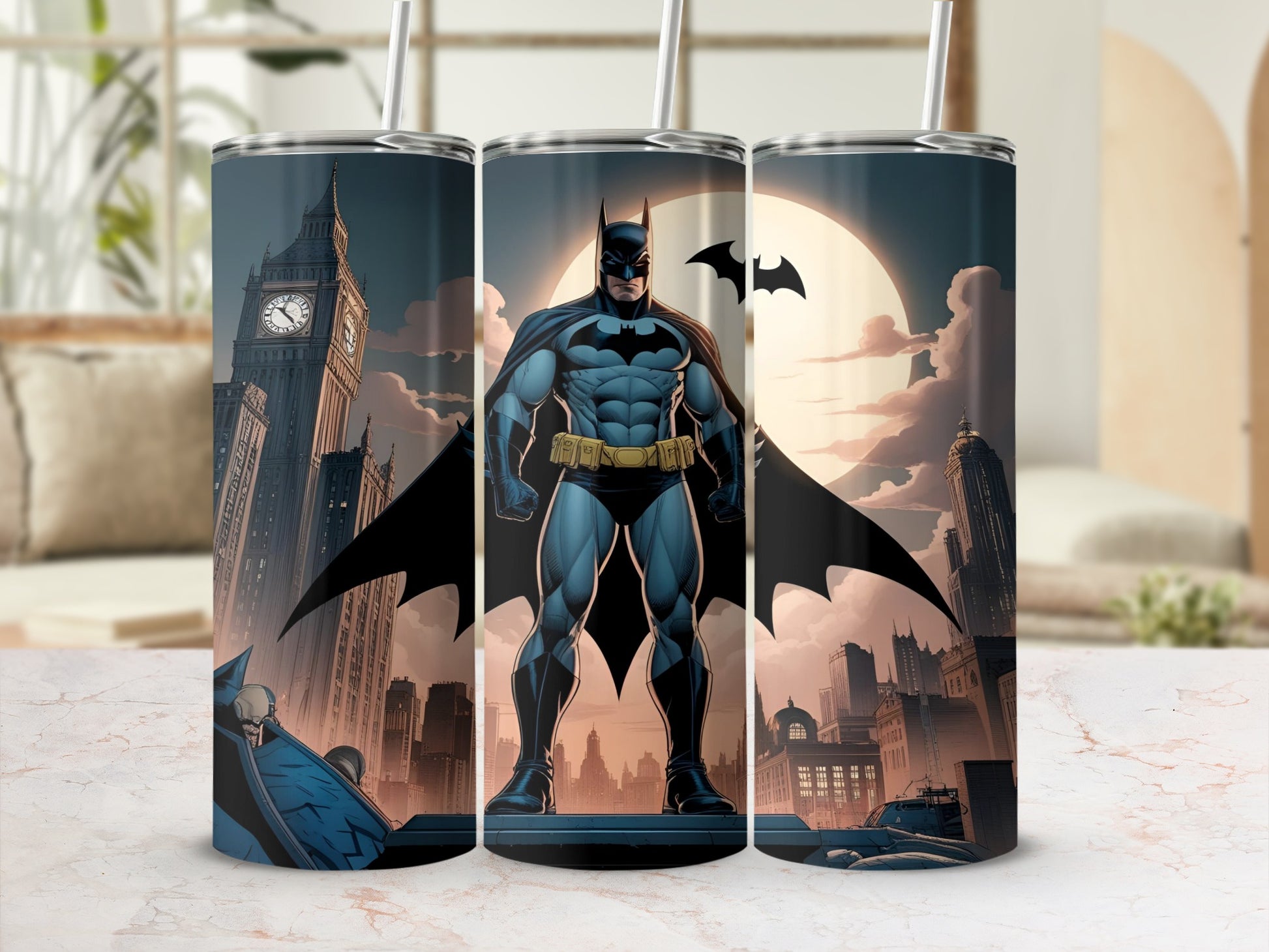 Batman standing heroically in front of a city skyline with Big Ben.