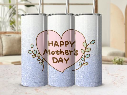 Three skinny tumblers with a pink heart and "Happy Mother's Day" text.