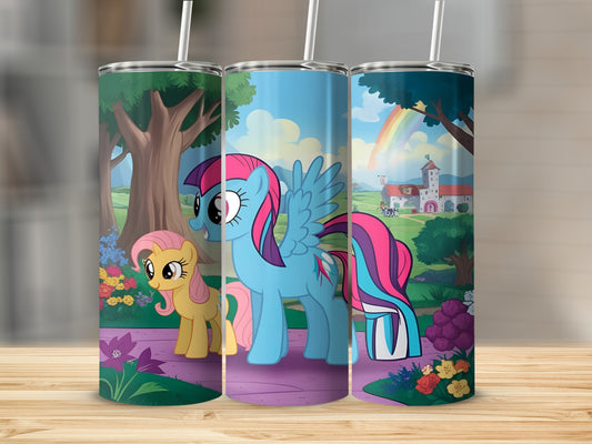 Three tumblers with My Little Pony characters in a whimsical outdoor scene.