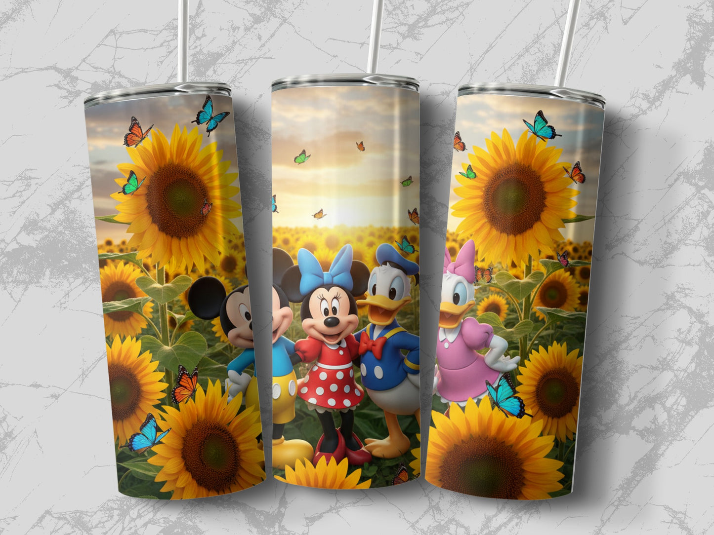 Cartoon Characters and Sunflowers Tumbler Cup Set