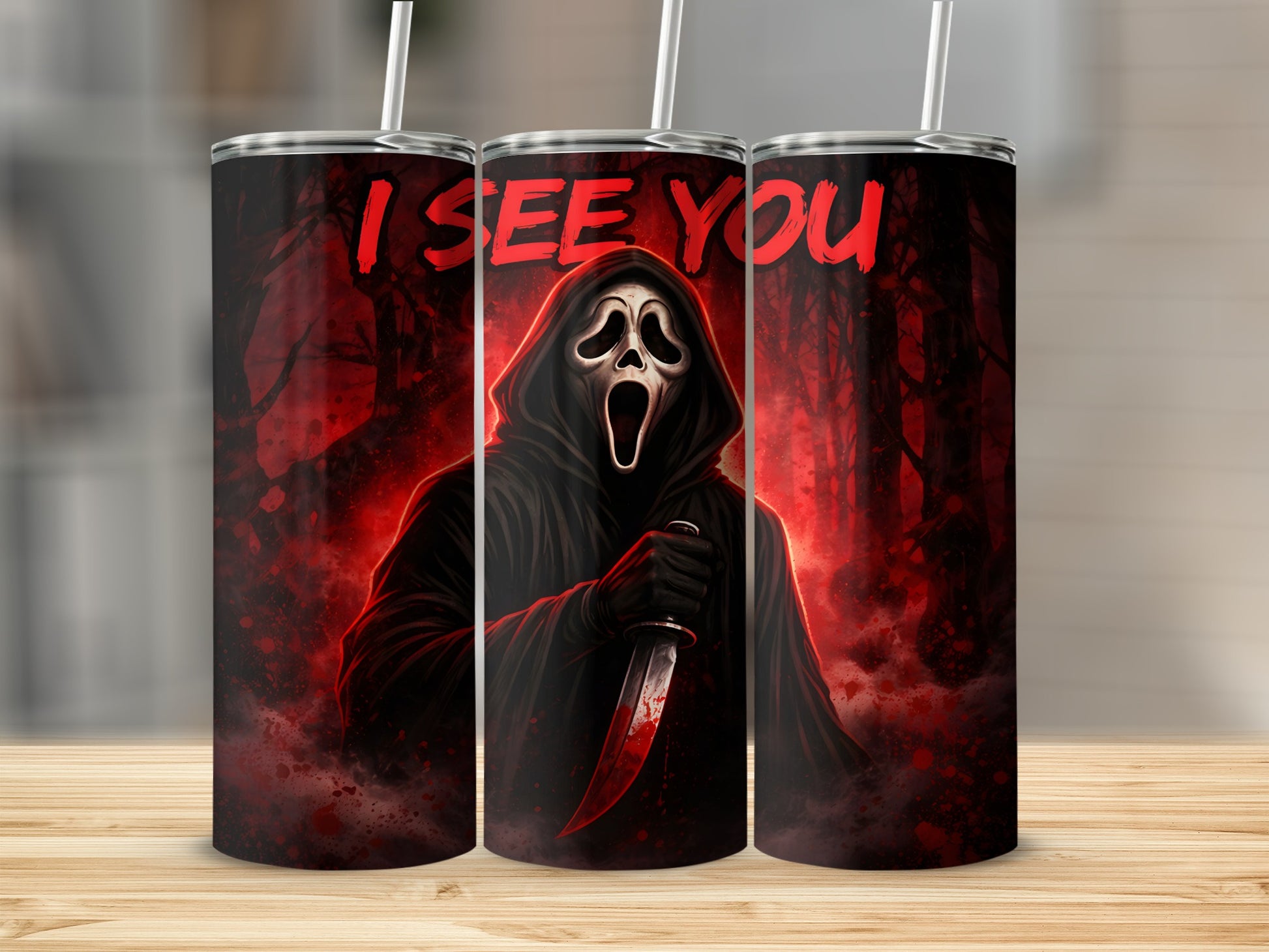 Scream character with knife and "I SEE YOU" text on red, dark forest background.