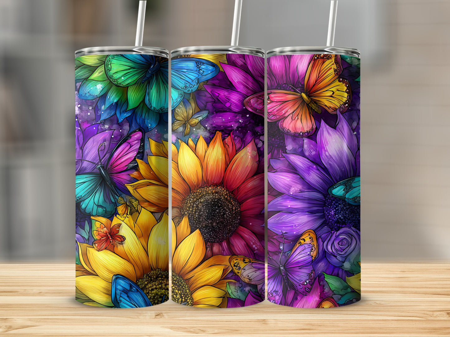 Floral Butterfly Patterned Colorful Tumbler