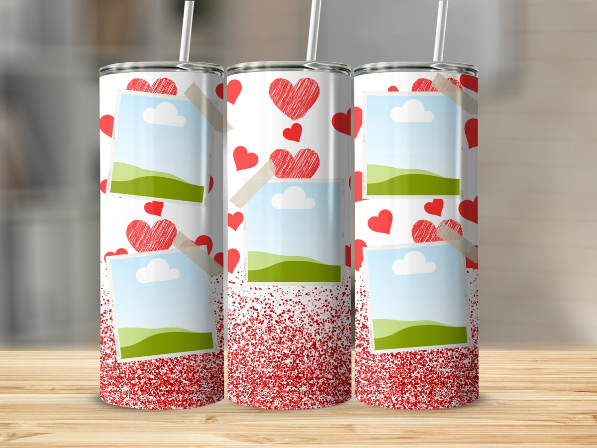 Three tumblers with a white background, red hearts, and placeholder photo frames.