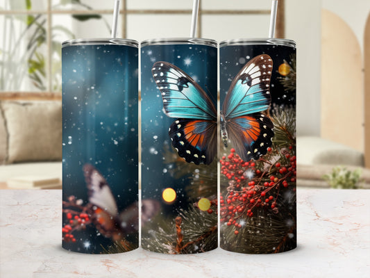 Three tumblers featuring a vibrant blue and orange butterfly and red berries.