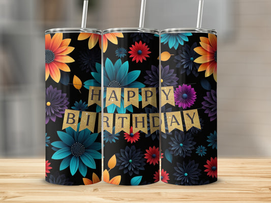 Tumblers with happy birthday banner and colorful floral pattern.