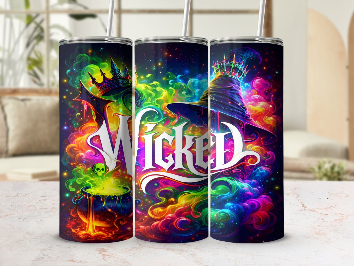 Three tumblers display a "Wicked" design with a skull, cauldron, crowns, and colorful smoke.
