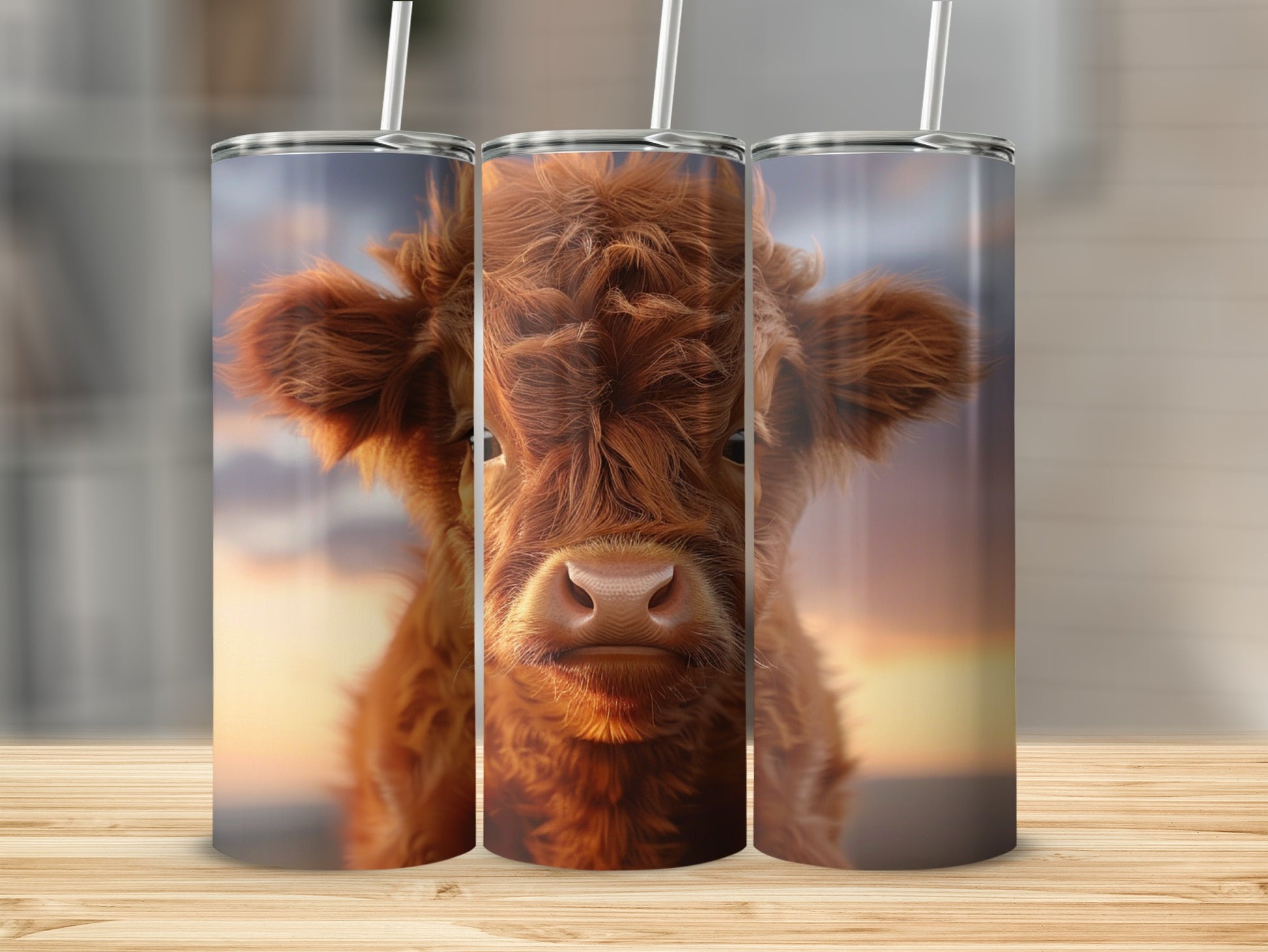 Highland cow face on a skinny tumbler with straw.