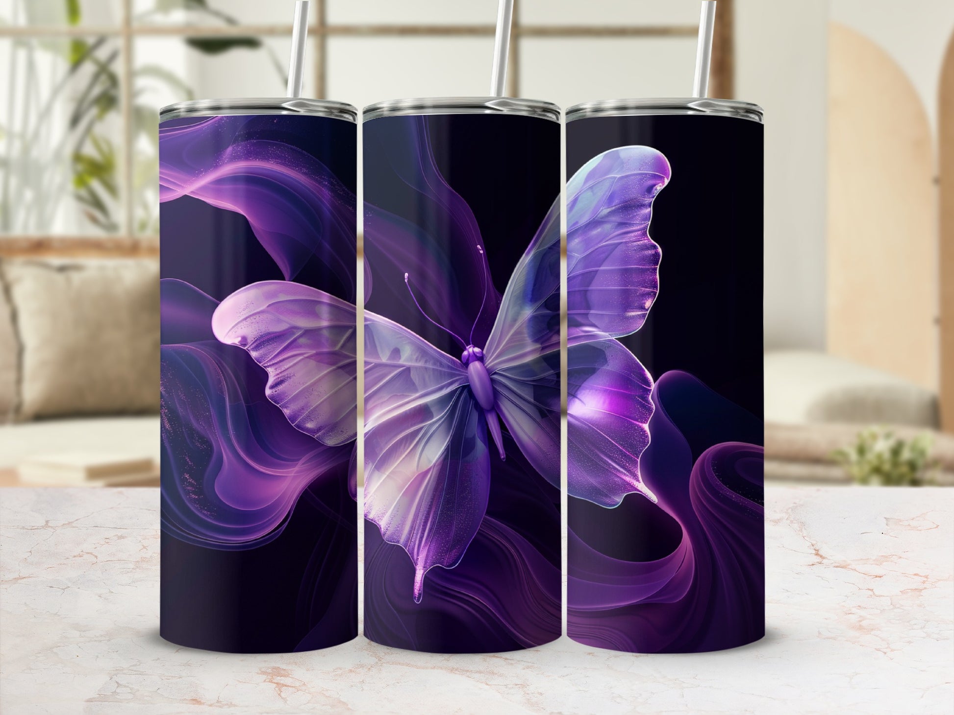 Purple butterfly with flowing smoke-like patterns on a dark tumbler.