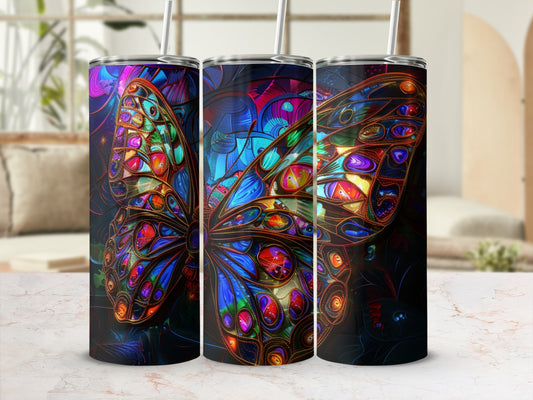 Three tumblers with vibrant, stained-glass butterfly wings design.