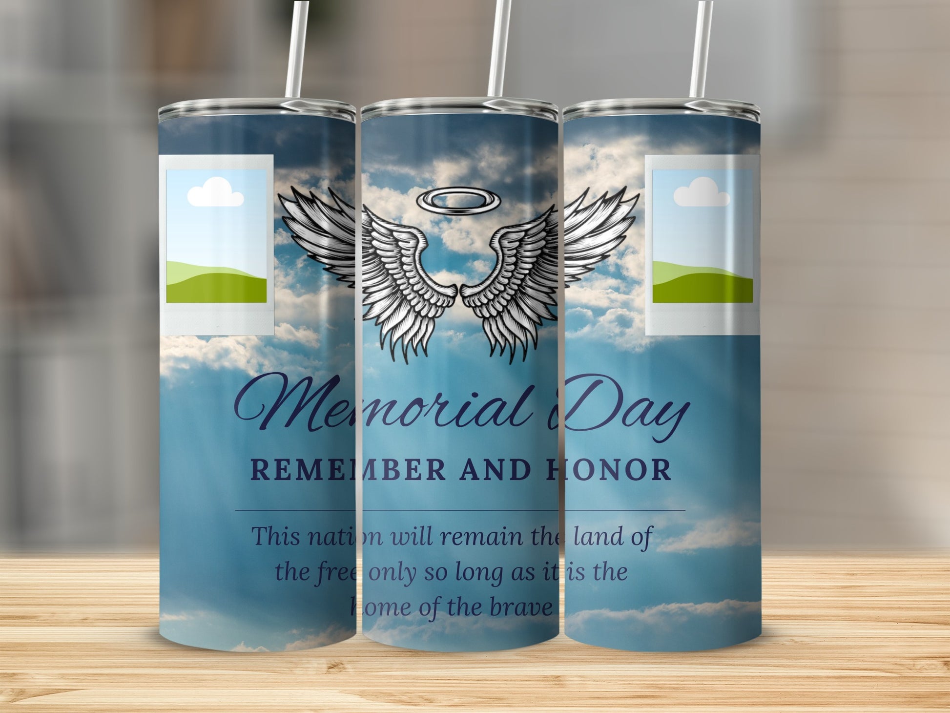 Memorial Day tumbler with angel wings, quote, and photo frames on cloudy sky background.