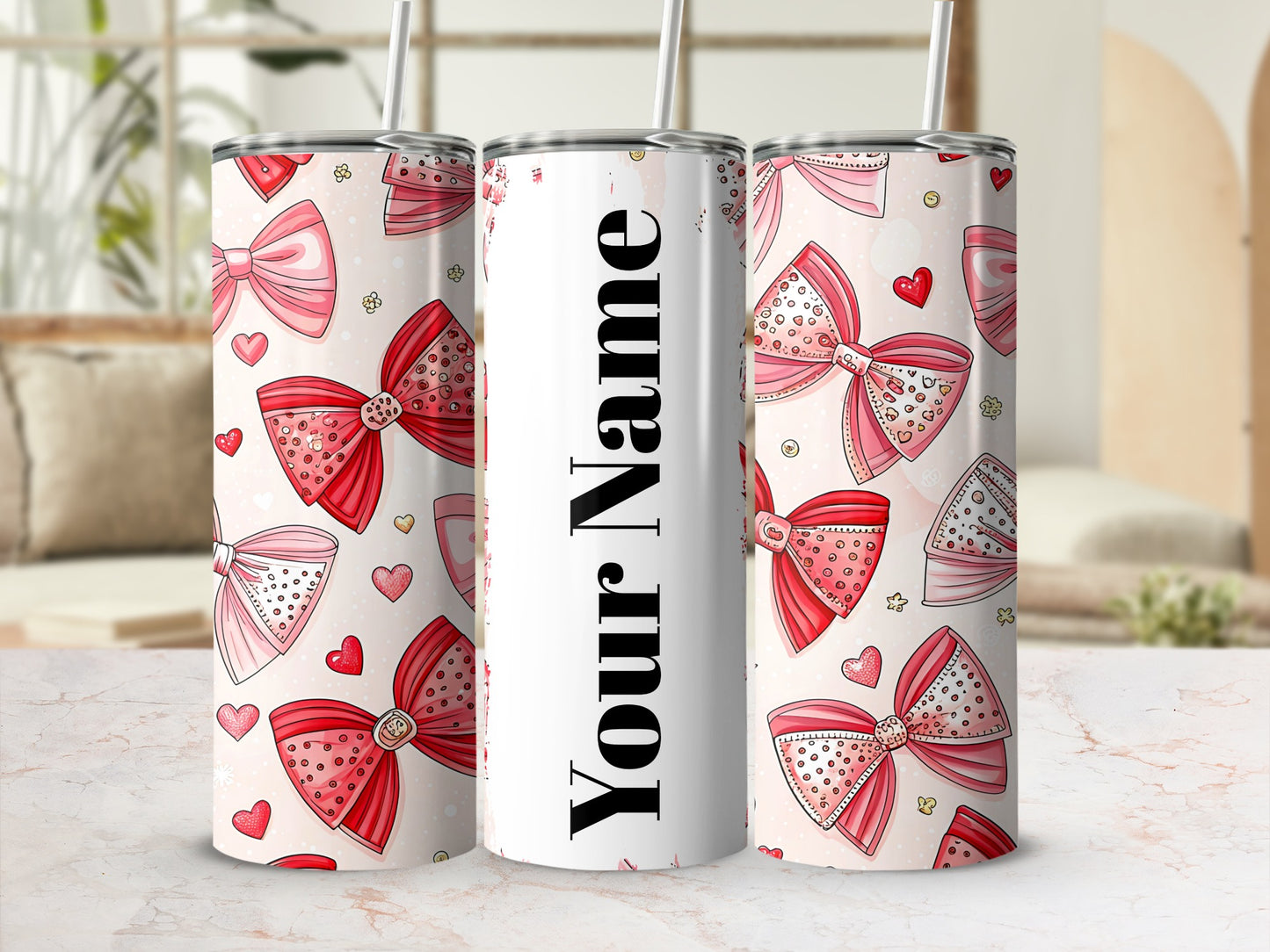 Personalized Tumbler with Red and Pink Bows and Hearts