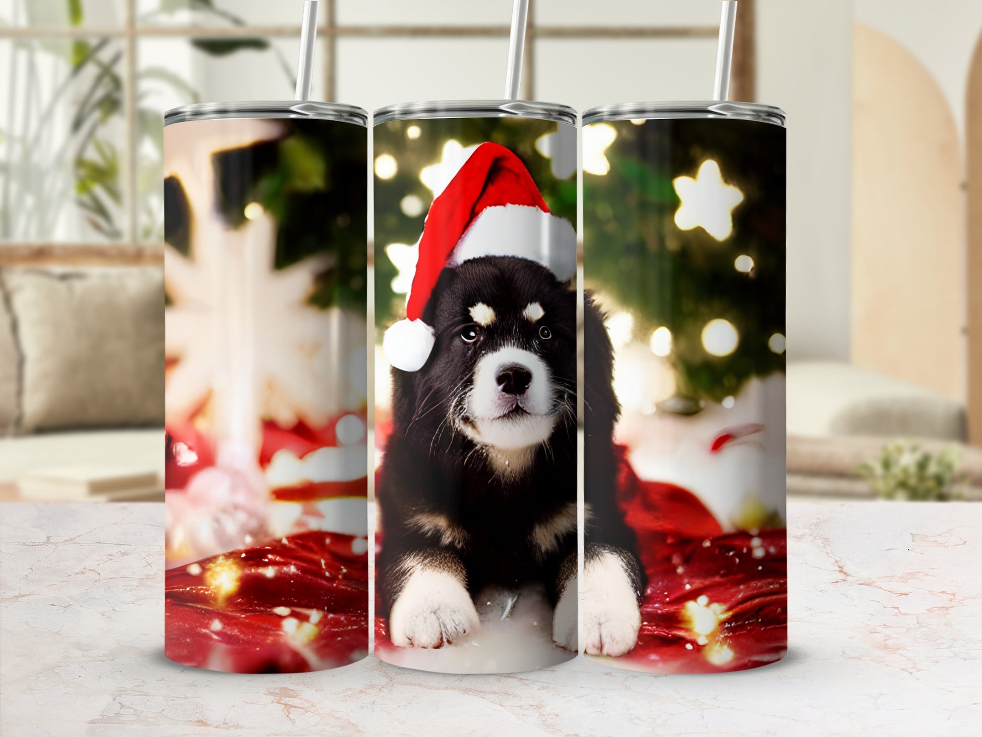 Fluffy puppy in Santa hat on festive background, displayed on three tumblers.