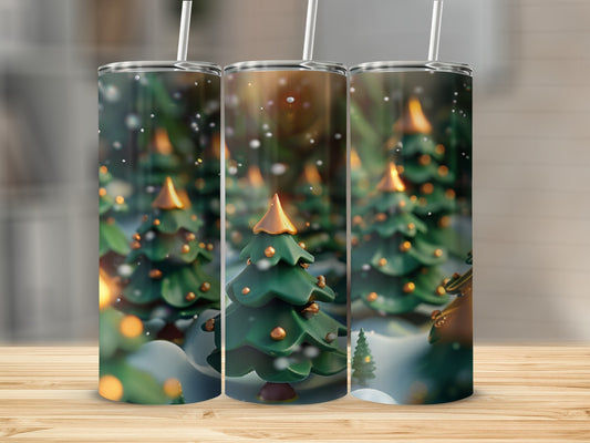 Three green Christmas trees with gold tips and ornaments on a snowy forest background.