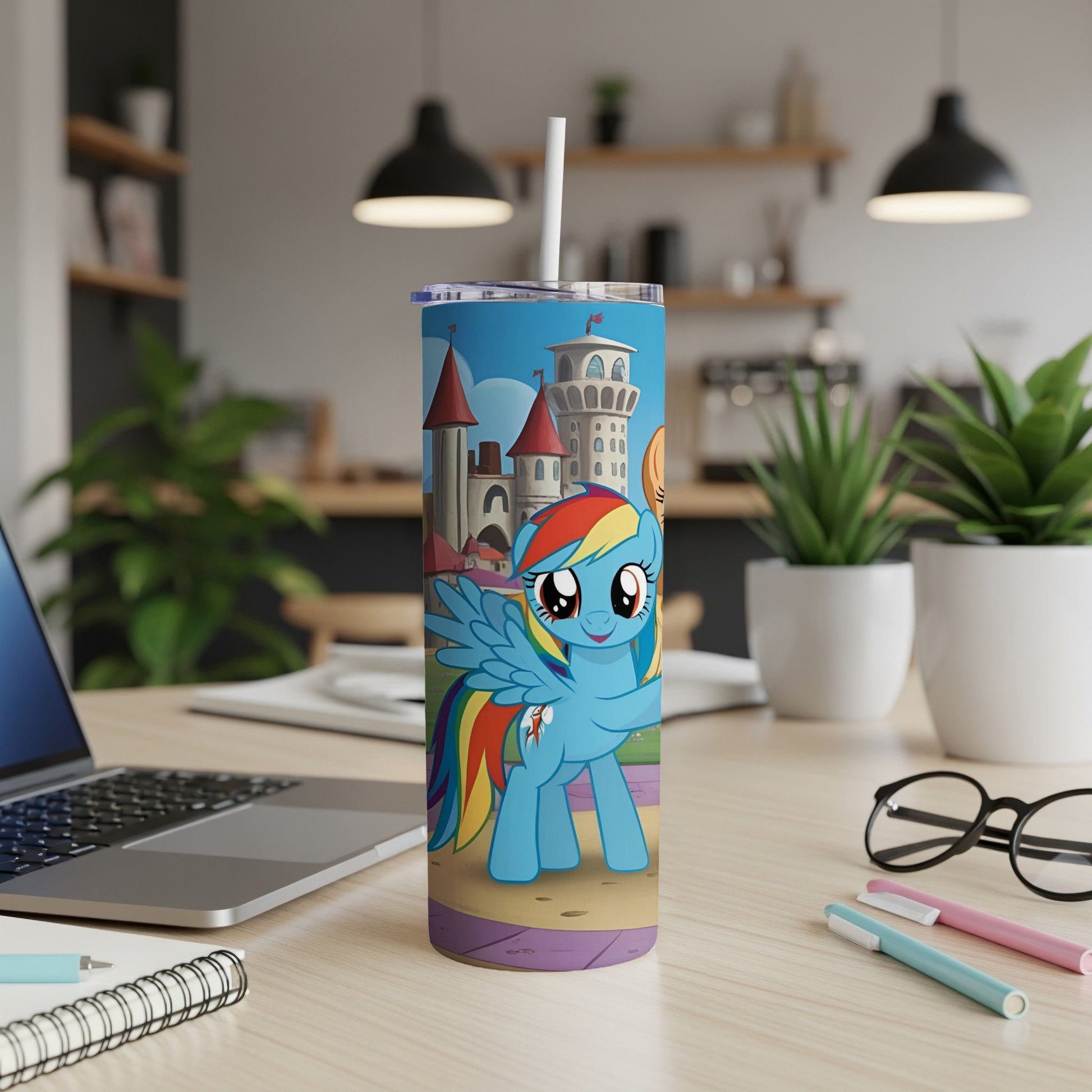 Rainbow Dash from My Little Pony on a purple tumbler with castle background.