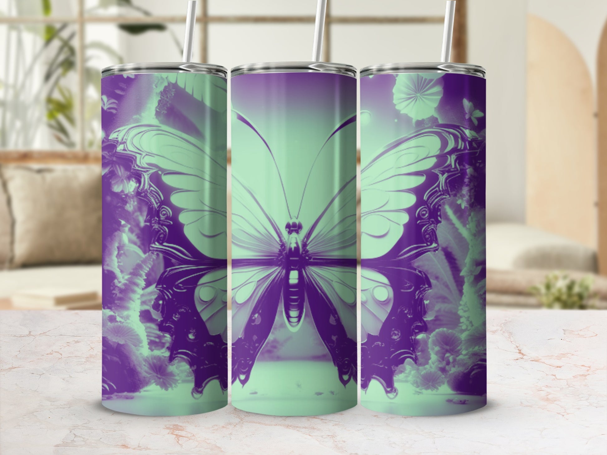 Purple and green butterfly tumbler with floral accents, shown in a room.