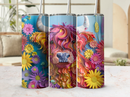 Highland cow with colorful floral pattern on a tumbler.