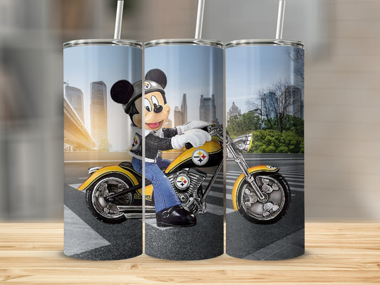 Mickey Mouse on Motorcycle Cityscape Tumbler