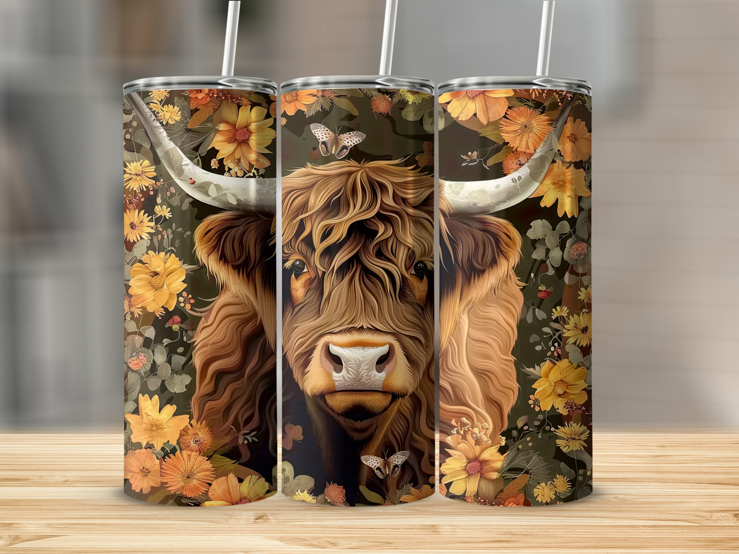 Highland cow with floral and butterfly accents on a tumbler.