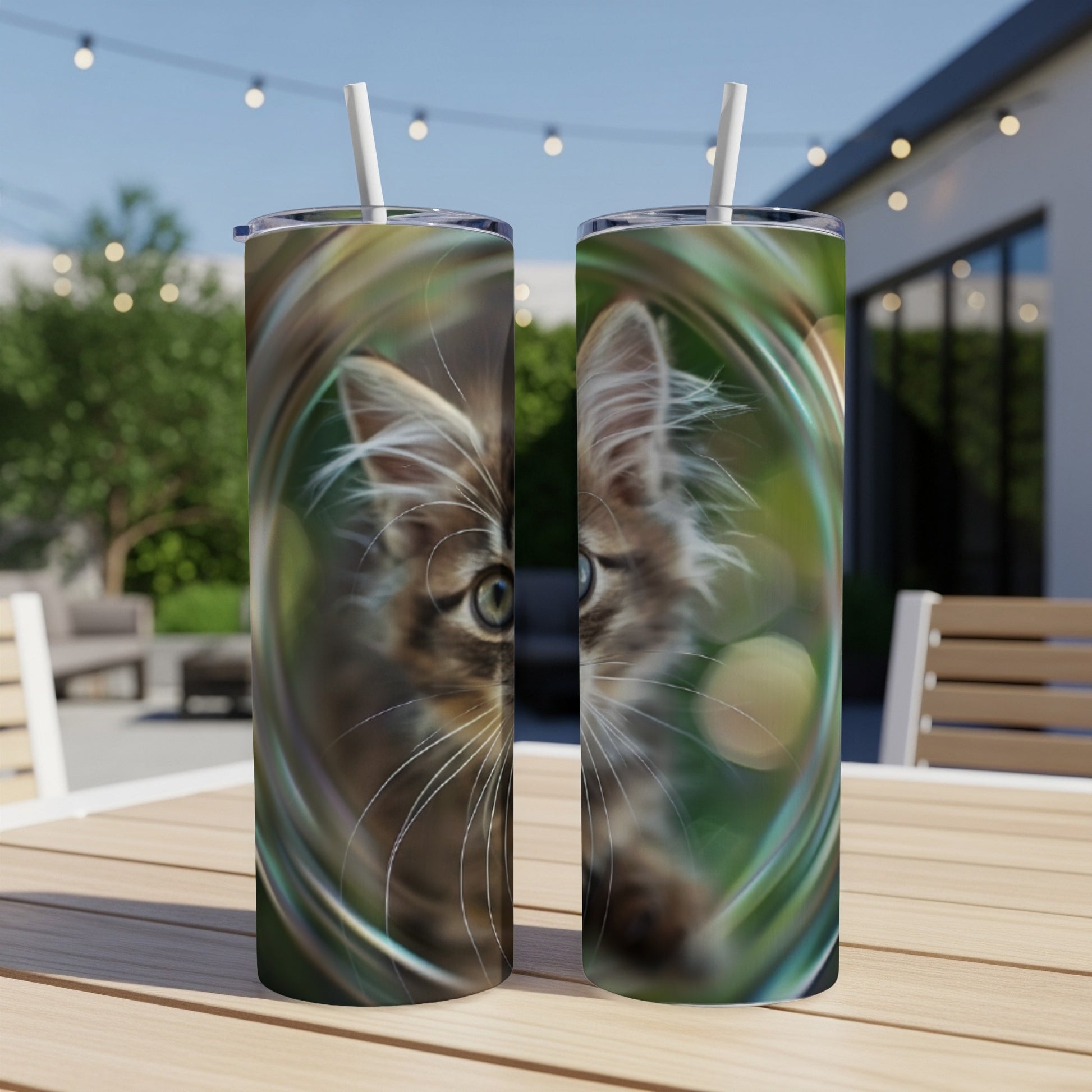Two tumblers featuring a close-up of a fluffy kitten's face.