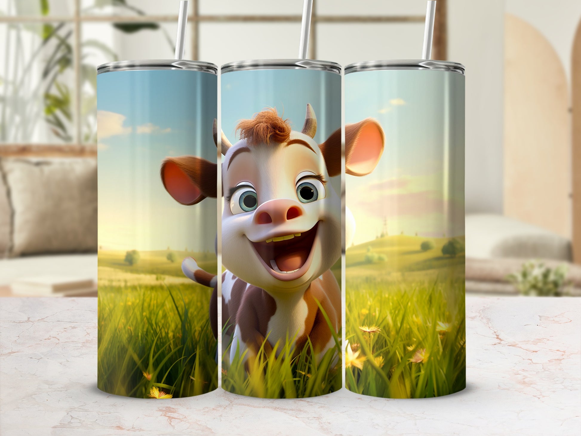 Happy Cartoon Cow With Pastoral Scene tumbler
