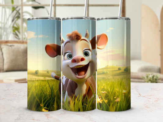 Happy Cartoon Cow With Pastoral Scene tumbler
