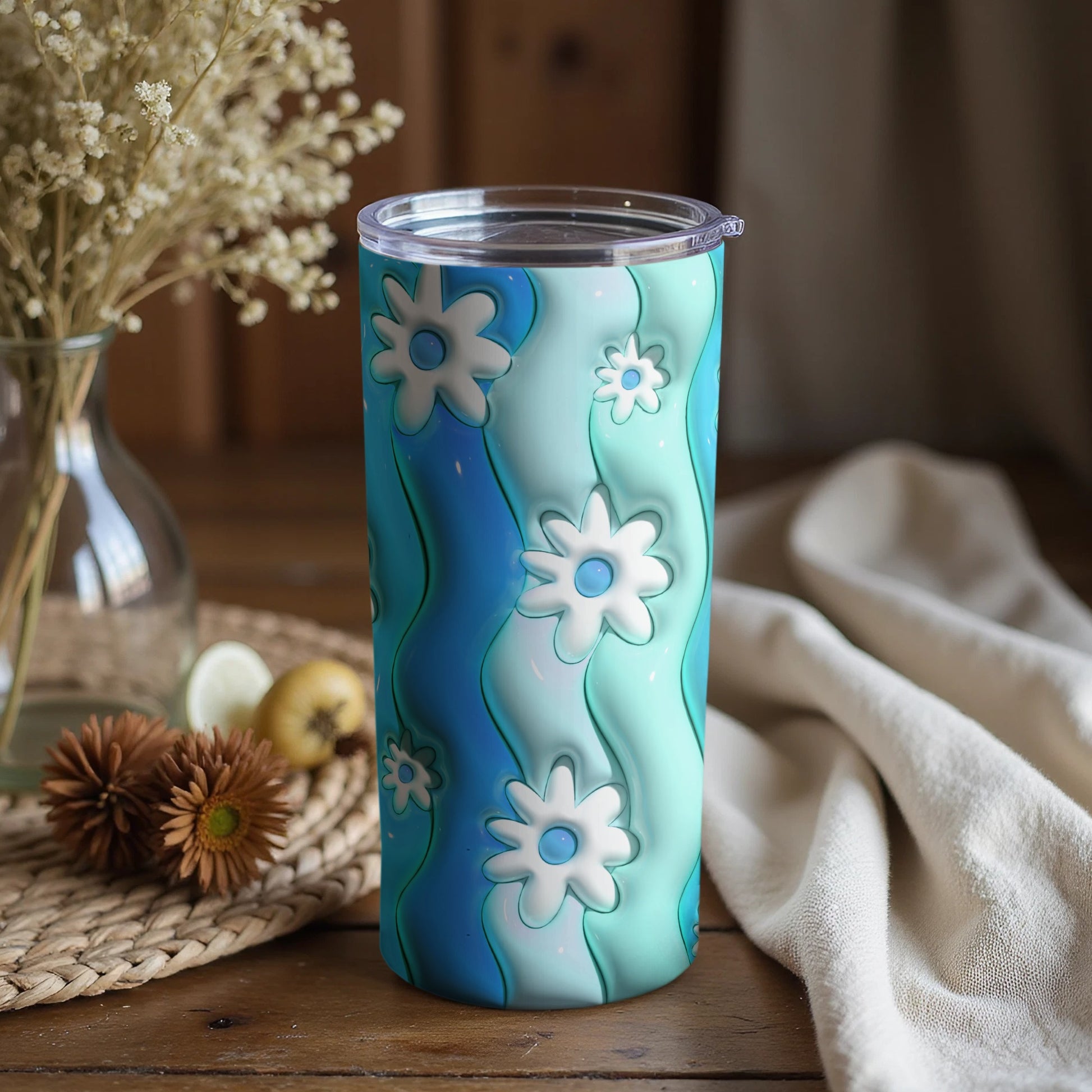 Blue and Green Wavy Tumbler with Floral Design