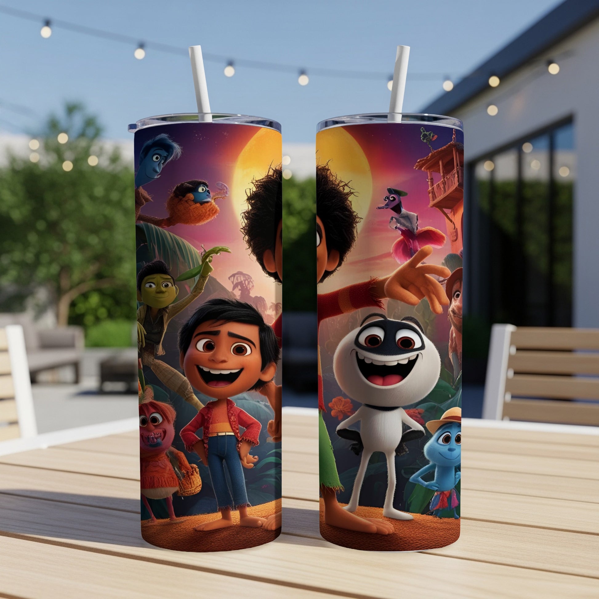 Animated characters from "Maya and the Three" on a white tumbler.