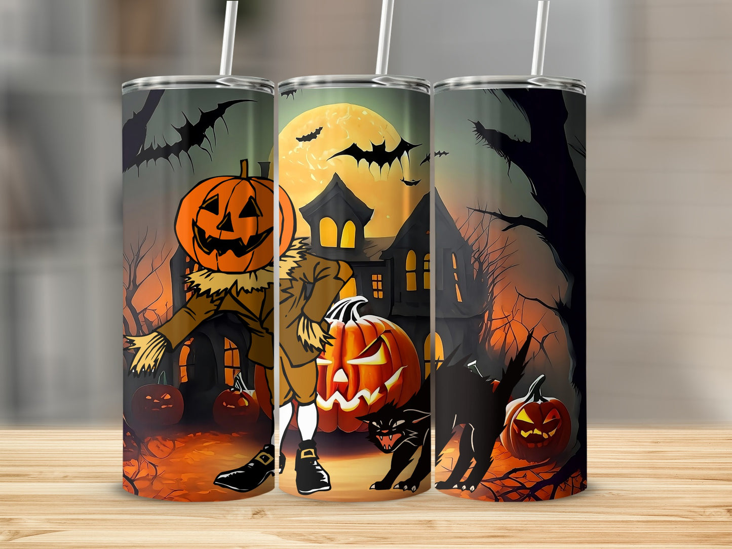 Halloween tumbler with scarecrow, pumpkins, haunted house, bats, and black cat.
