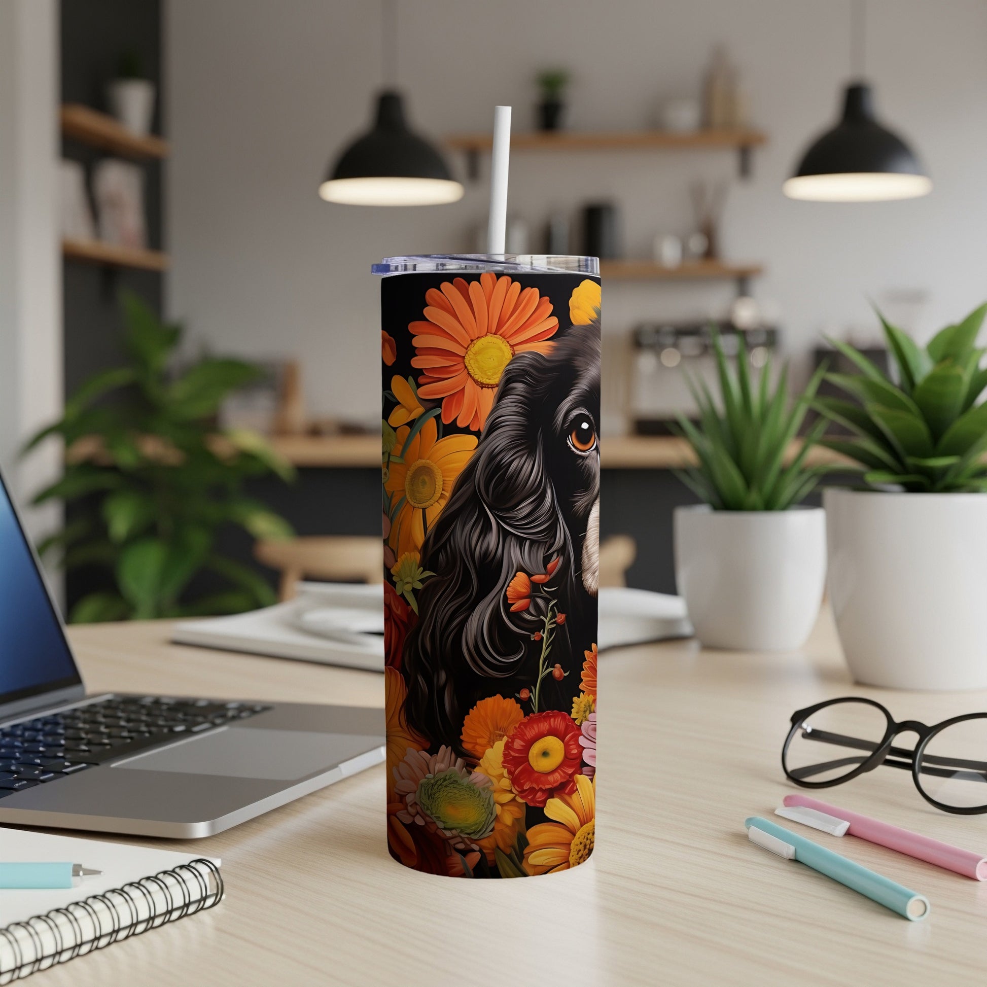 Black dog portrait on floral tumbler with lid and straw.