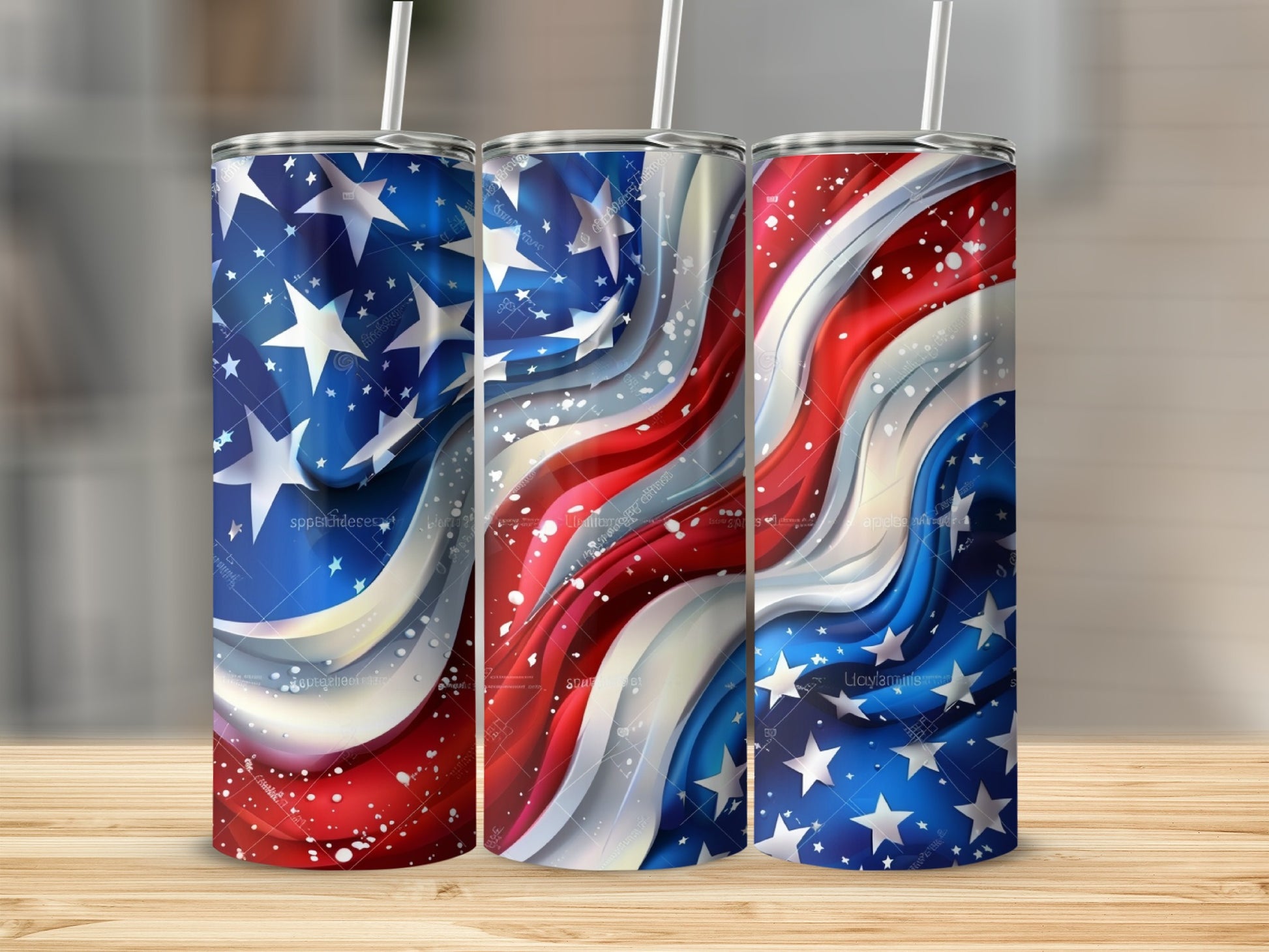 Three tumblers with patriotic red, white, and blue star and wavy stripe designs.