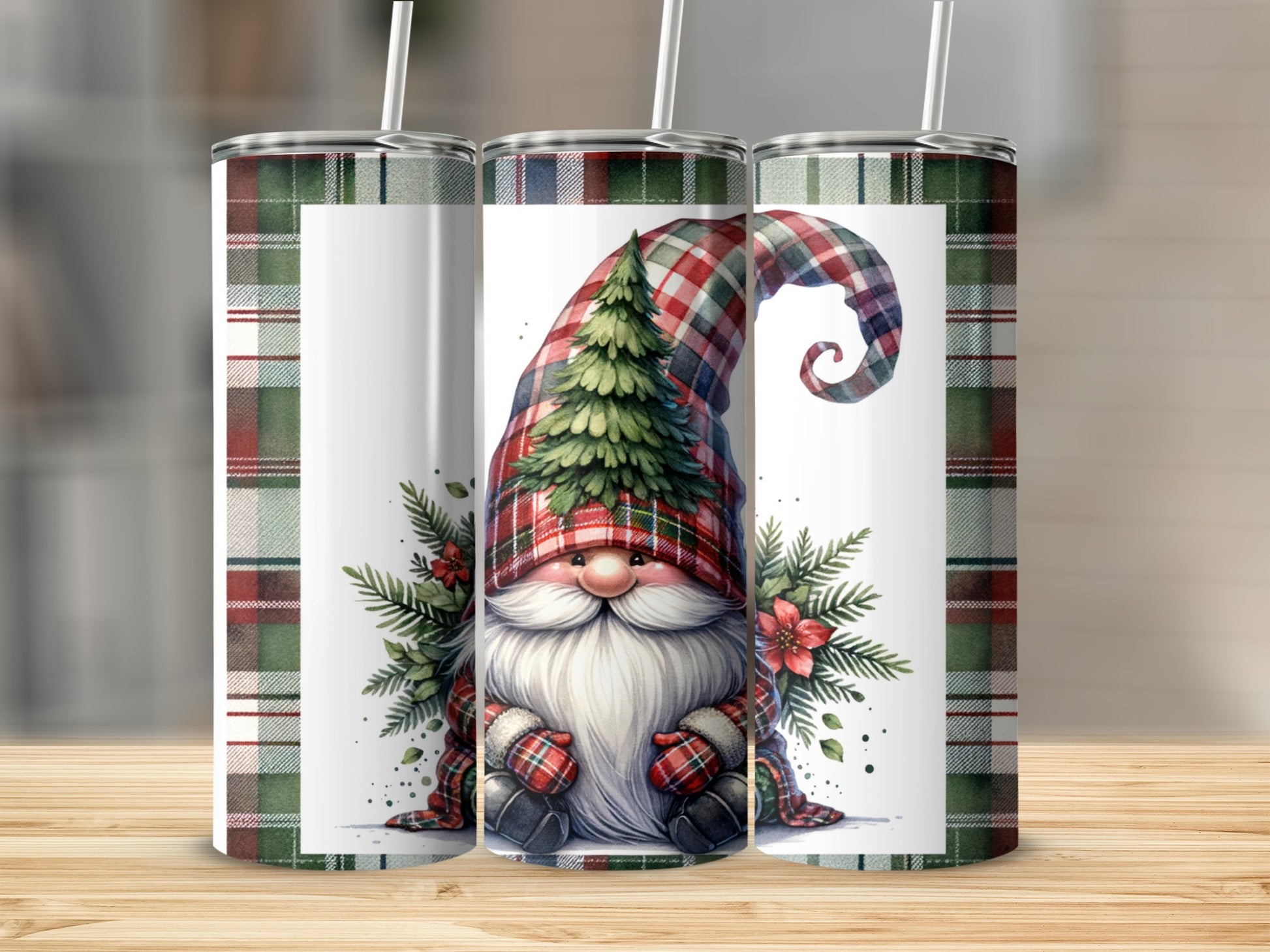Gnome wearing a plaid hat and holding a Christmas tree on a white background.