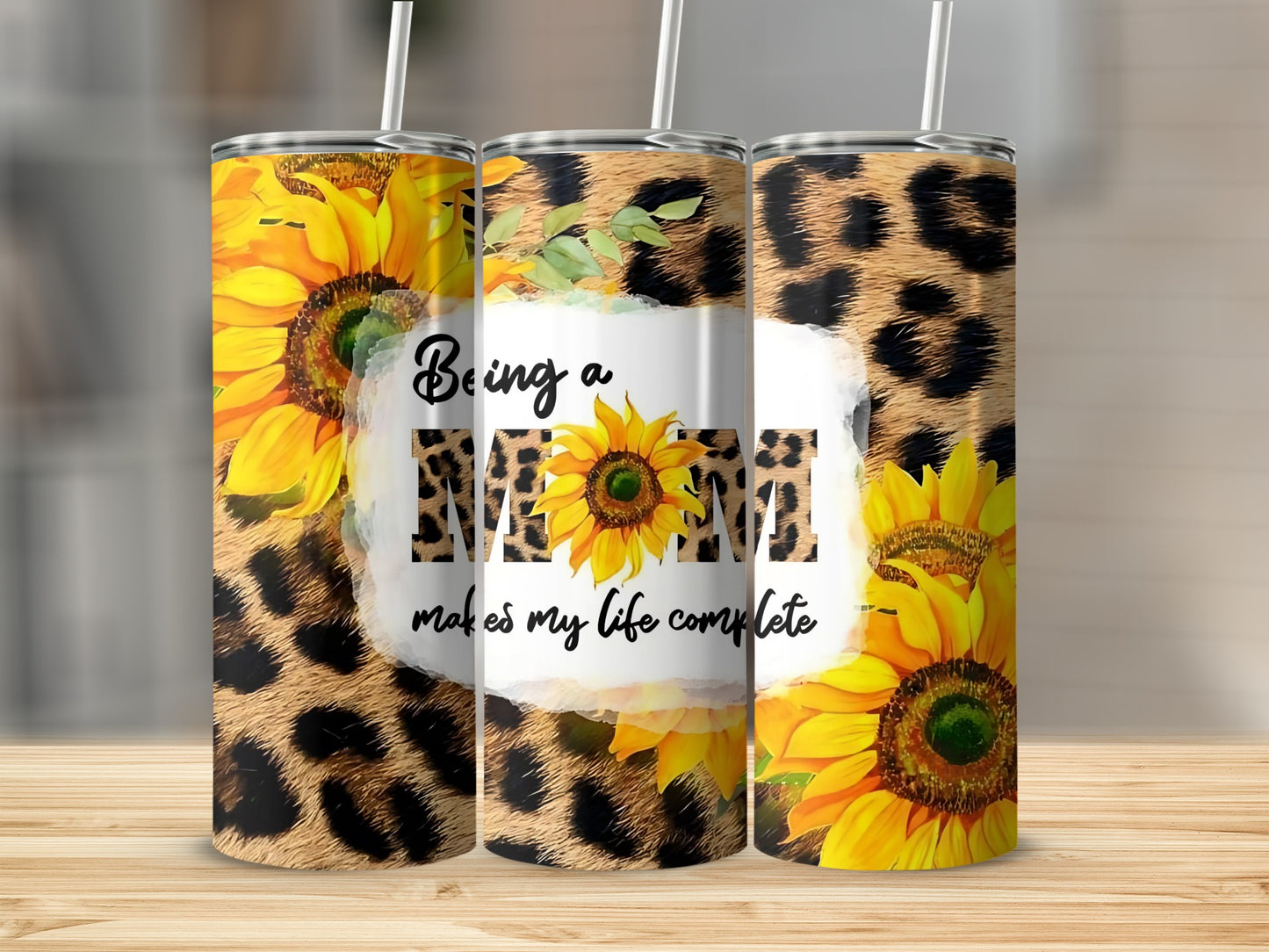 Being a Mom Sunflower Leopard Print Tumbler