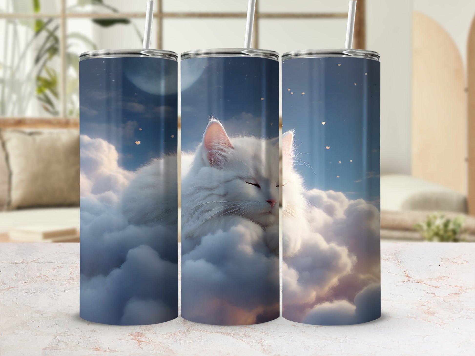 White cat napping cloud dream night sky hearts product type