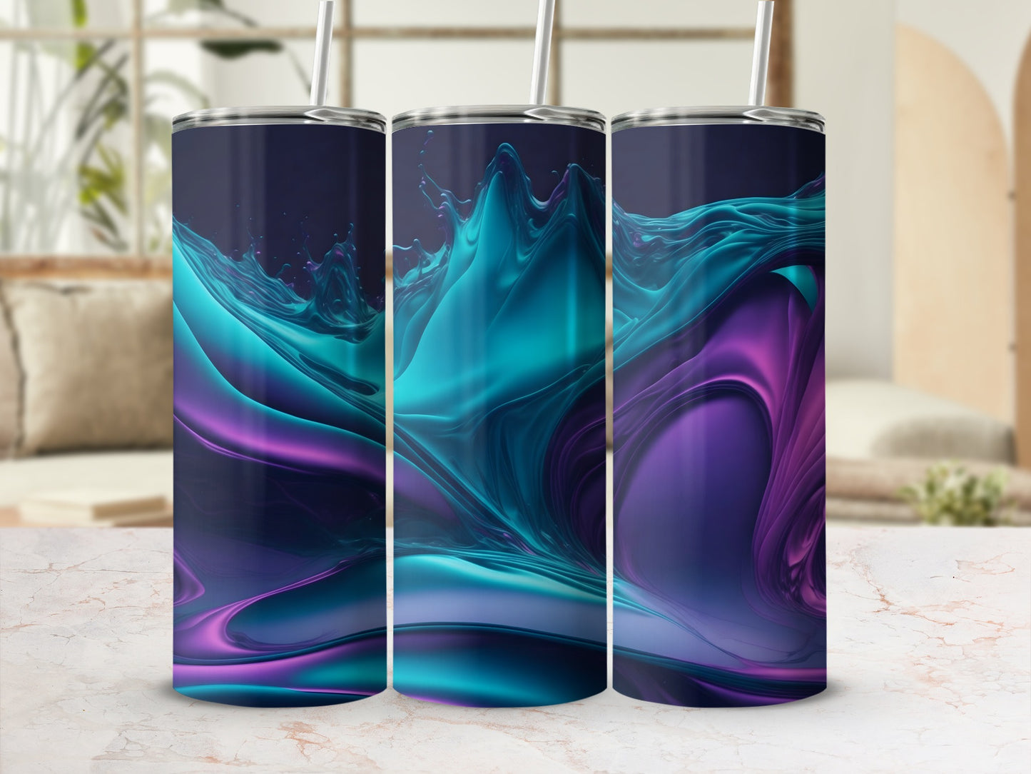 Three tumblers with swirling purple and teal abstract designs and straws.