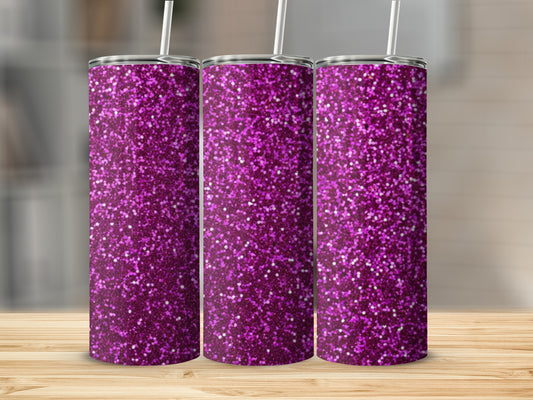 Three tall tumblers with purple glitter and white straws.