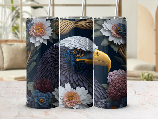 Eagle with floral accents on a tumbler.