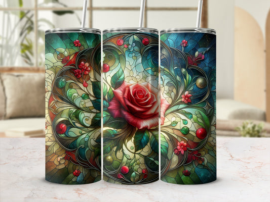 Three stained-glass style tumblers with a red rose and floral design.
